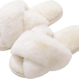 Women's Fuzzy Slippers Cross Band Memory Foam House Slippers Open Toe
